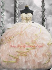 Fashion Beading and Ruffles Quinceanera Gowns Peach Lace Up Sleeveless Brush Train