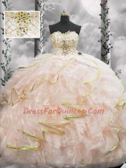 Fashion Beading and Ruffles Quinceanera Gowns Peach Lace Up Sleeveless Brush Train