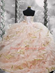 Fashion Beading and Ruffles Quinceanera Gowns Peach Lace Up Sleeveless Brush Train