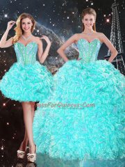 Aqua Blue Strapless Neckline Beading and Ruffles Quinceanera Gown Sleeveless Lace Up