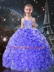 Fantastic Straps Sleeveless Little Girl Pageant Dress Floor Length Beading and Ruffles Blue Organza
