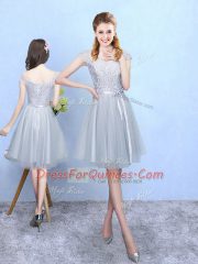Empire Quinceanera Court of Honor Dress Silver V-neck Tulle Cap Sleeves Knee Length Lace Up
