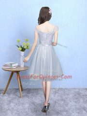 Empire Quinceanera Court of Honor Dress Silver V-neck Tulle Cap Sleeves Knee Length Lace Up