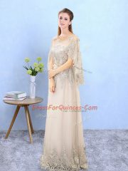 Modern Champagne Tulle Lace Up Scoop Half Sleeves Floor Length Quinceanera Dama Dress Beading and Appliques