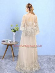 Modern Champagne Tulle Lace Up Scoop Half Sleeves Floor Length Quinceanera Dama Dress Beading and Appliques