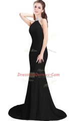 Dramatic Black Prom Gown Prom and Party with Beading Halter Top Sleeveless Brush Train Side Zipper