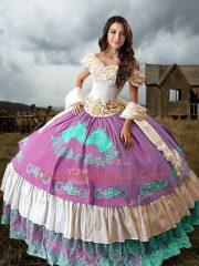 Taffeta Sleeveless Vestidos de Quinceanera Brush Train and Embroidery and Ruffled Layers
