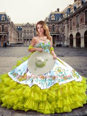 Embroidery and Ruffled Layers 15 Quinceanera Dress Yellow Green Lace Up Sleeveless Floor Length