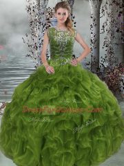 Unique Scoop Sleeveless Organza Quinceanera Gown Beading and Ruffles Lace Up