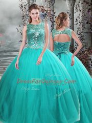 Flare Scoop Sleeveless 15th Birthday Dress Floor Length Beading Turquoise Tulle