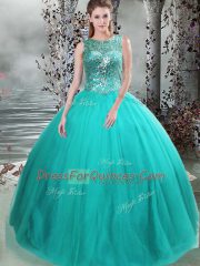 Flare Scoop Sleeveless 15th Birthday Dress Floor Length Beading Turquoise Tulle