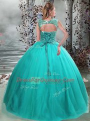 Flare Scoop Sleeveless 15th Birthday Dress Floor Length Beading Turquoise Tulle