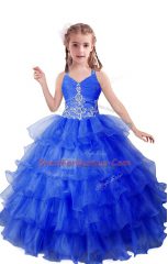 On Sale Blue Pageant Gowns For Girls Quinceanera and Wedding Party with Beading and Ruffled Layers V-neck Sleeveless Zipper