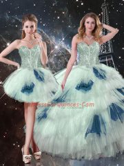 Modest Blue And White Tulle Lace Up Quinceanera Dresses Sleeveless Floor Length Ruffled Layers