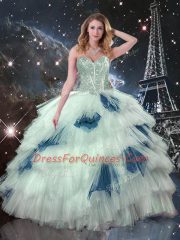 Modest Blue And White Tulle Lace Up Quinceanera Dresses Sleeveless Floor Length Ruffled Layers