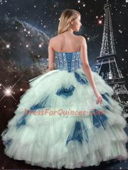 Modest Blue And White Tulle Lace Up Quinceanera Dresses Sleeveless Floor Length Ruffled Layers