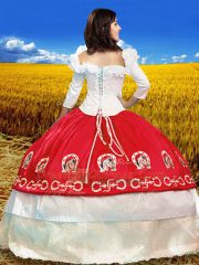 Luxurious Red Ball Gowns Taffeta Off The Shoulder 3 4 Length Sleeve Embroidery Floor Length Lace Up Sweet 16 Dress