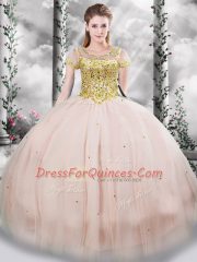 Floor Length Pink Sweet 16 Dresses Tulle Short Sleeves Beading
