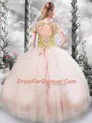Floor Length Pink Sweet 16 Dresses Tulle Short Sleeves Beading