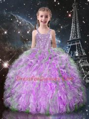 Floor Length Lilac Little Girl Pageant Gowns Straps Sleeveless Lace Up