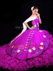 Luxury Fuchsia Sweet 16 Dress Taffeta Brush Train Sleeveless Embroidery and Ruffles