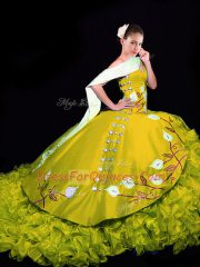 Inexpensive Lace Up 15 Quinceanera Dress Gold for Military Ball and Sweet 16 and Quinceanera with Embroidery and Ruffles Brush Train