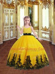 Graceful Ball Gowns Pageant Gowns For Girls Gold Spaghetti Straps Tulle Sleeveless Floor Length Zipper