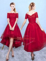 Clearance Wine Red A-line Appliques Quinceanera Dama Dress Lace Up Organza Short Sleeves High Low