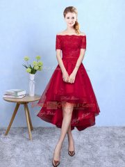 Clearance Wine Red A-line Appliques Quinceanera Dama Dress Lace Up Organza Short Sleeves High Low