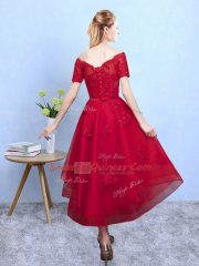 Clearance Wine Red A-line Appliques Quinceanera Dama Dress Lace Up Organza Short Sleeves High Low