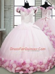 Fitting Pink Lace Up Quinceanera Dresses Hand Made Flower Sleeveless Brush Train