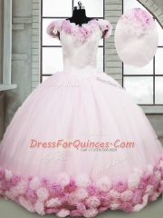 Fitting Pink Lace Up Quinceanera Dresses Hand Made Flower Sleeveless Brush Train