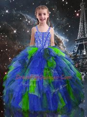 Blue Straps Lace Up Beading and Ruffles Pageant Gowns For Girls Sleeveless