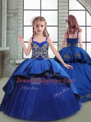 Fantastic Ball Gowns Sleeveless Royal Blue Little Girl Pageant Dress Brush Train Lace Up