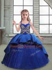 Fantastic Ball Gowns Sleeveless Royal Blue Little Girl Pageant Dress Brush Train Lace Up