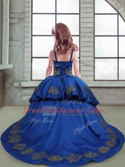 Fantastic Ball Gowns Sleeveless Royal Blue Little Girl Pageant Dress Brush Train Lace Up