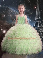 Modern Yellow Green Organza Lace Up Straps Sleeveless Floor Length Pageant Gowns For Girls Beading and Ruffles