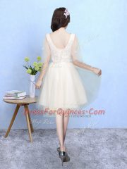 Classical Half Sleeves Knee Length Lace Lace Up Quinceanera Court Dresses with Champagne