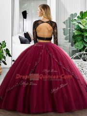 Scoop Long Sleeves Backless Quinceanera Dress Dark Green Tulle