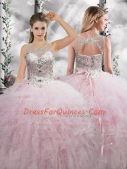 Baby Pink Lace Up Scoop Beading and Ruffles Vestidos de Quinceanera Tulle Sleeveless