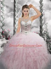 Baby Pink Lace Up Scoop Beading and Ruffles Vestidos de Quinceanera Tulle Sleeveless