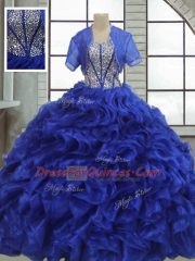 Affordable Ruffles Sweet 16 Dress Royal Blue Lace Up Short Sleeves Floor Length
