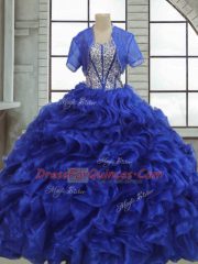 Affordable Ruffles Sweet 16 Dress Royal Blue Lace Up Short Sleeves Floor Length
