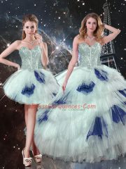 Elegant Tulle Sweetheart Sleeveless Lace Up Beading and Ruffled Layers and Sequins Quinceanera Gown in Blue And White