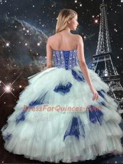 Elegant Tulle Sweetheart Sleeveless Lace Up Beading and Ruffled Layers and Sequins Quinceanera Gown in Blue And White