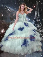 Elegant Tulle Sweetheart Sleeveless Lace Up Beading and Ruffled Layers and Sequins Quinceanera Gown in Blue And White