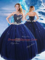 Trendy Navy Blue Sleeveless Tulle Lace Up Sweet 16 Dress for Military Ball and Sweet 16 and Quinceanera