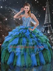 Lovely Sweetheart Sleeveless Vestidos de Quinceanera Floor Length Beading and Ruffles and Ruffled Layers Multi-color Organza
