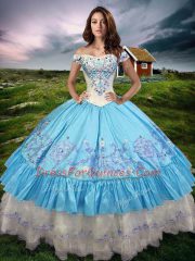 Eye-catching Baby Blue Ball Gowns Taffeta Off The Shoulder Sleeveless Beading and Embroidery and Ruffled Layers Floor Length Lace Up Quinceanera Dress