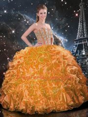 On Sale Orange Organza Lace Up Sweet 16 Quinceanera Dress Sleeveless Floor Length Beading and Ruffles